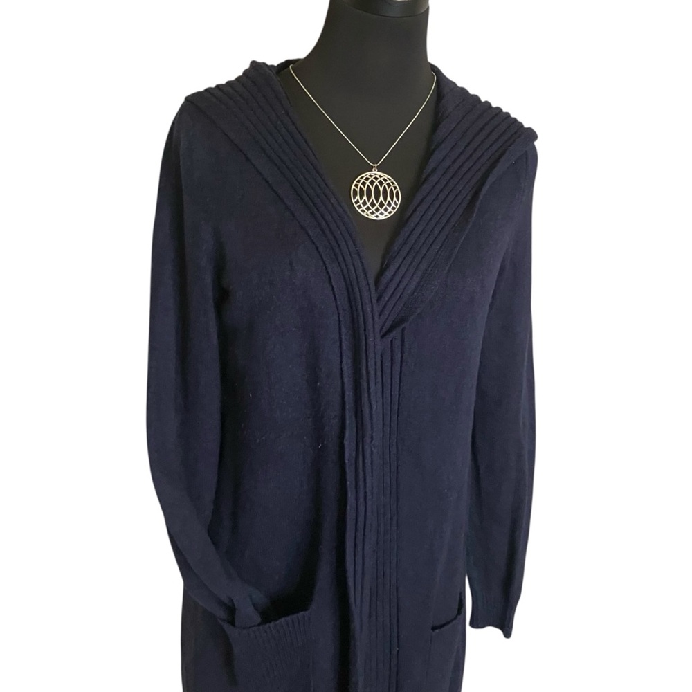 Verve Ami Knit Cardigan Long Navy Blue Hood and Front Pockets Size Medium - Picture 9 of 9